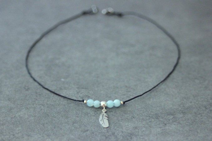 Collier perles amazonite et argent massif pendentif plume