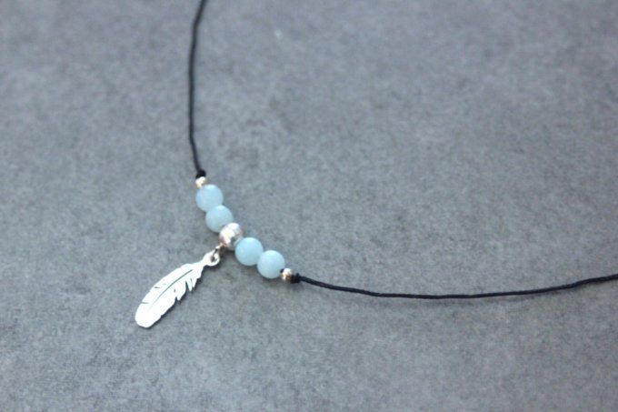 Collier perles amazonite et argent massif pendentif plume