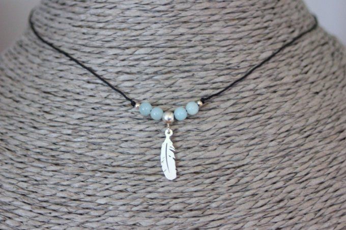 Collier perles amazonite et argent massif pendentif plume