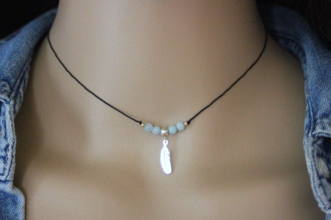 Collier perles amazonite et argent massif pendentif plume