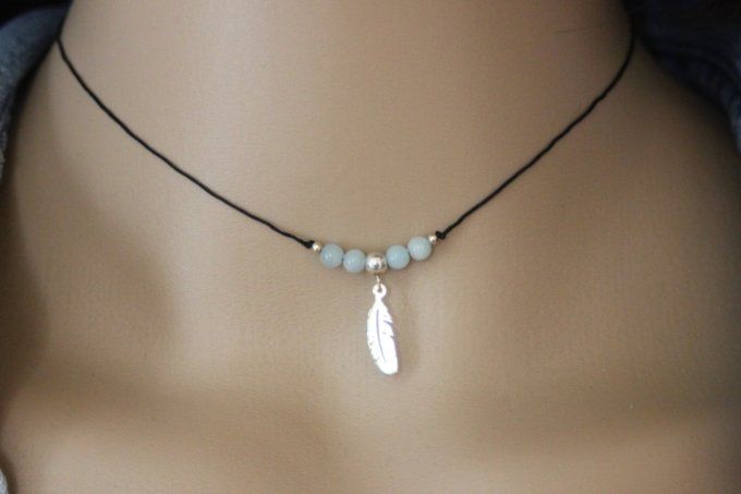 Collier perles amazonite et argent massif pendentif plume