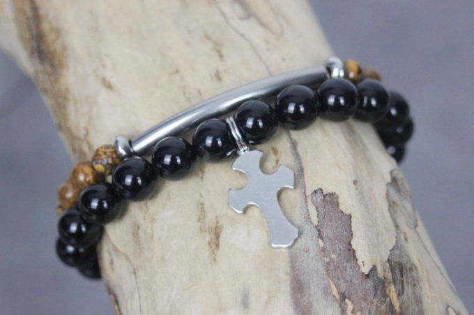 Ensemble de 2 bracelets onyx noir, jaspe peau d'éléphant et acier