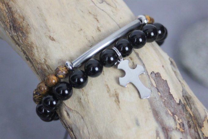 Ensemble de 2 bracelets onyx noir, jaspe peau d'éléphant et acier