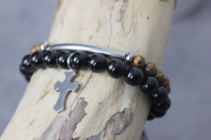 Ensemble de 2 bracelets onyx noir, jaspe peau d'éléphant et acier