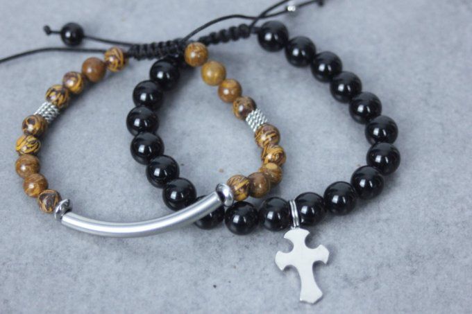 Ensemble de 2 bracelets onyx noir, jaspe peau d'éléphant et acier 