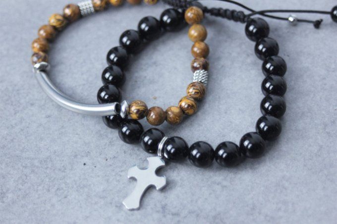 Ensemble de 2 bracelets onyx noir, jaspe peau d'éléphant et acier