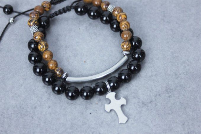 Ensemble de 2 bracelets onyx noir, jaspe peau d'éléphant et acier