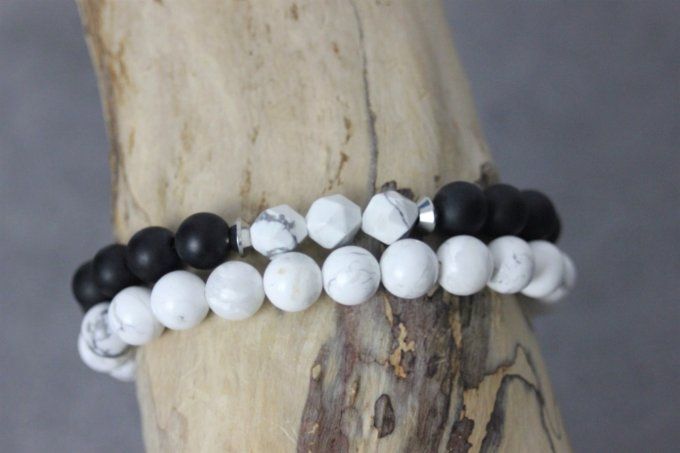 Ensemble de 2 bracelets onyx noir mat, howlite blanche et acier