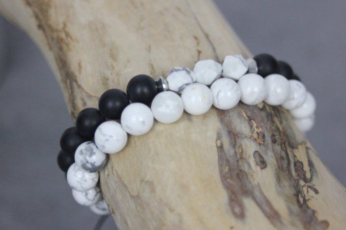 Ensemble de 2 bracelets onyx noir mat, howlite blanche et acier