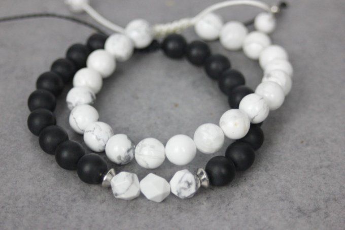 Ensemble de 2 bracelets onyx noir mat, howlite blanche et acier