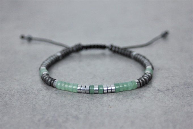 Bracelet perles heishi en jade verte, hématite mat et hématite argentée