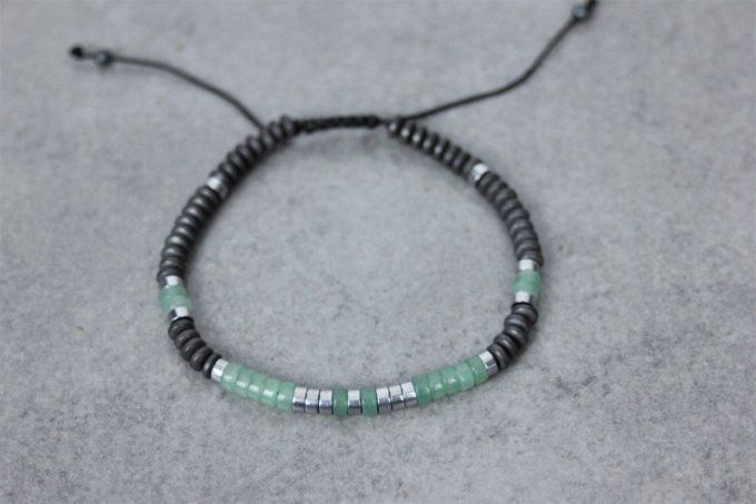 Bracelet perles heishi en jade verte, hématite mat et hématite argentée