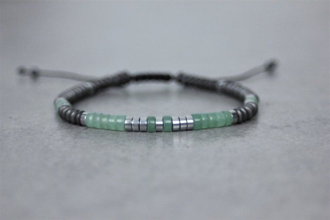 Bracelet perles heishi en jade verte, hématite mat et hématite argentée