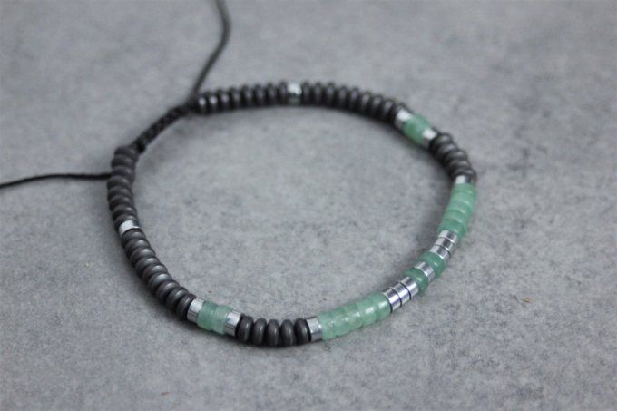 Bracelet perles heishi en jade verte, hématite mat et hématite argentée