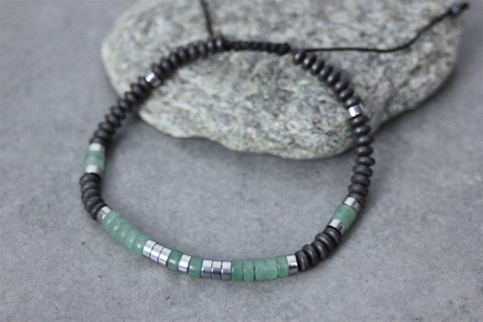 Bracelet perles heishi en jade verte, hématite mat et hématite argentée