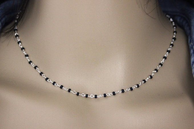 Collier argent massif et petites perles onyx noir