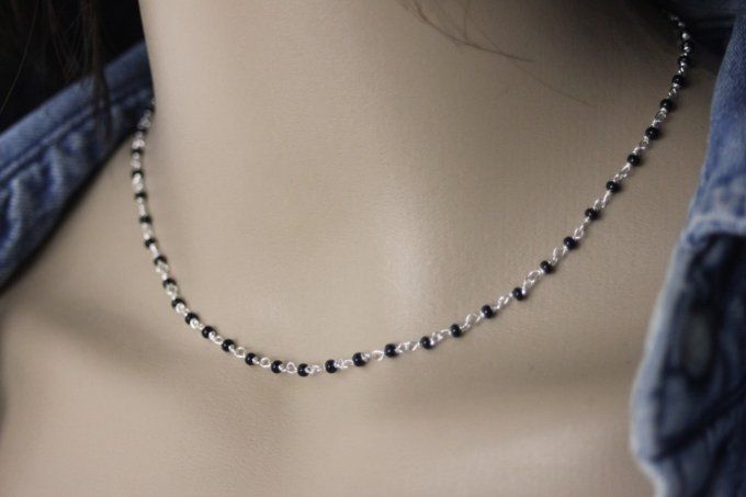 Collier argent massif et petites perles onyx noir