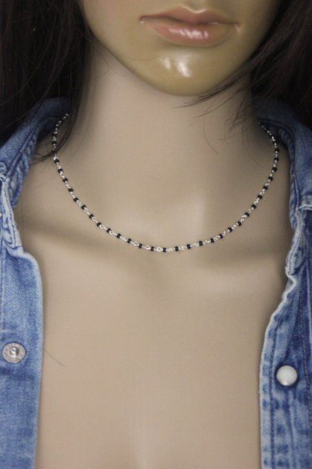 Collier argent massif et petites perles onyx noir