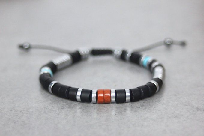 Bracelet perles heishi onyx mat, hématite, turquenite et jaspe rouge