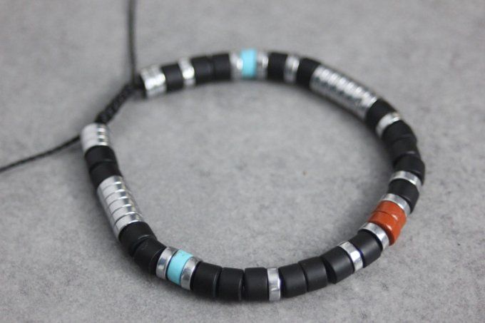 Bracelet perles heishi onyx mat, hématite, turquenite et jaspe rouge