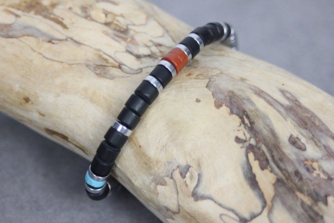 Bracelet perles heishi onyx mat, hématite, turquenite et jaspe rouge