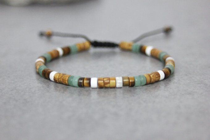 Bracelet perles heishi en wood stone, jade, oeil de tigre et howlite