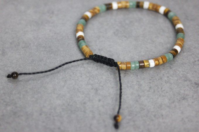 Bracelet perles heishi en wood stone, jade, oeil de tigre et howlite