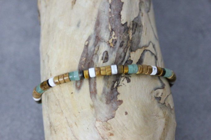 Bracelet perles heishi en wood stone, jade, oeil de tigre et howlite