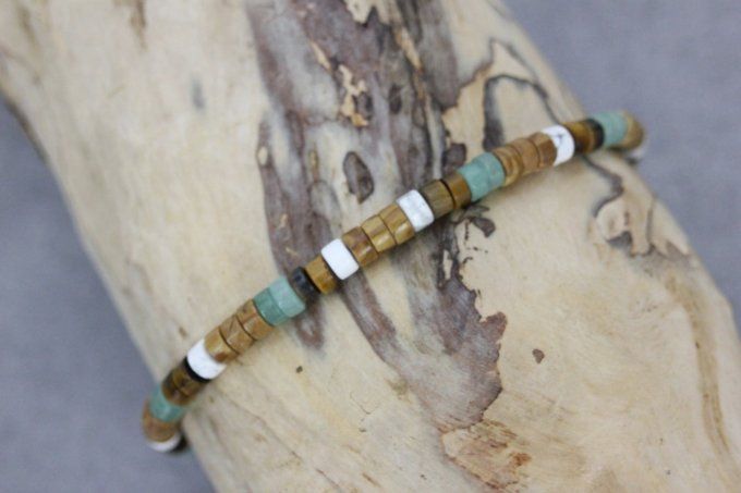 Bracelet perles heishi en wood stone, jade, oeil de tigre et howlite