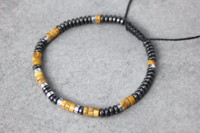 Bracelet perles heishi en wood stone, hématite et hématite argentée