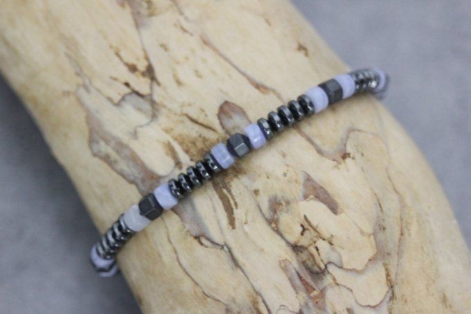 Bracelet perles heishi en calcédoine, hématite et hématite mat