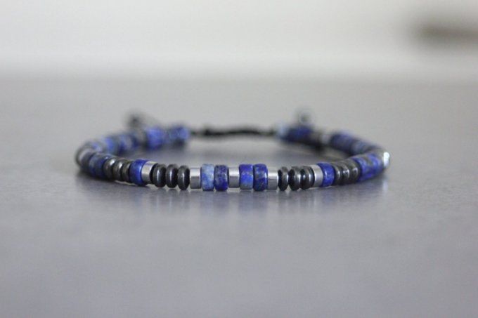 Bracelet perles heishi en lapis lazuli, hématite et hématite argentée