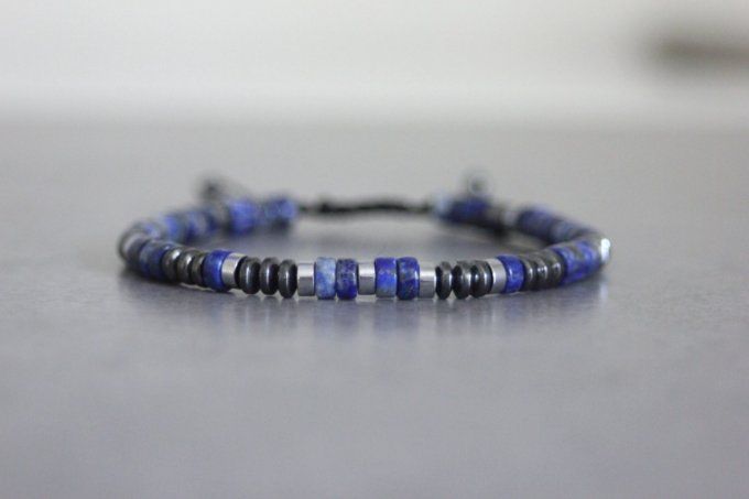 Bracelet perles heishi en lapis lazuli, hématite et hématite argentée 