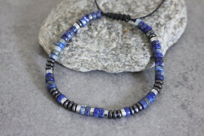 Bracelet perles heishi en lapis lazuli, hématite et hématite argentée