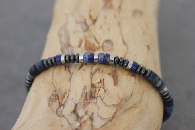 Bracelet perles heishi en lapis lazuli, hématite et hématite argentée