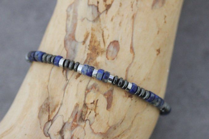 Bracelet perles heishi en lapis lazuli, hématite et hématite argentée