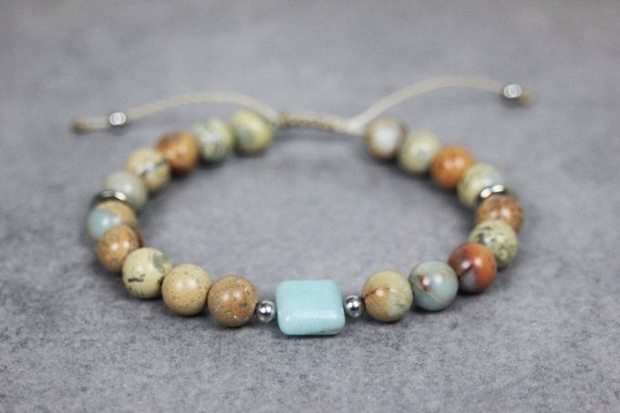 Bracelet perles jaspe impériale peau de serpent, amazonite et perles acier