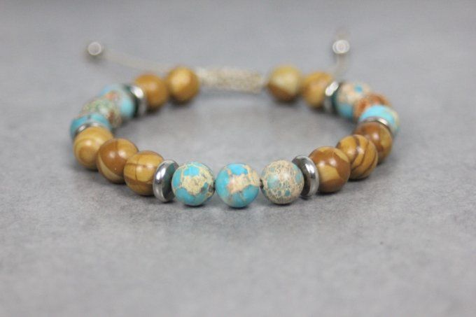 Bracelet perles jaspe impériale turquoise, wood stone et acier