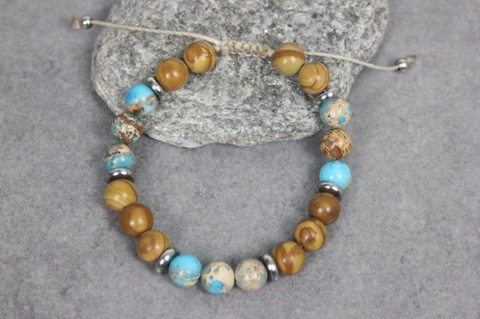 Bracelet perles jaspe impériale turquoise, wood stone et acier