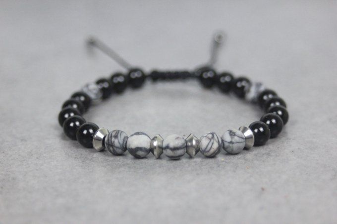 Bracelet perles onyx, jaspe picasso mat et acier inoxydable