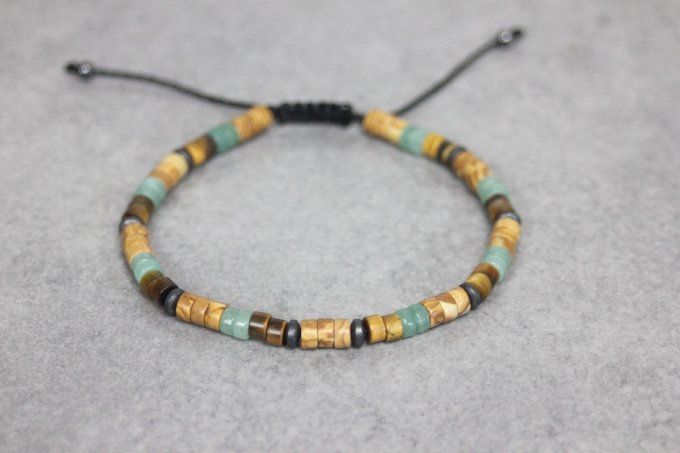 Bracelet perles heishi en wood stone, jade, oeil de tigre et hématite mat