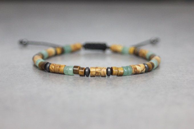 Bracelet perles heishi en wood stone, jade, oeil de tigre et hématite mat