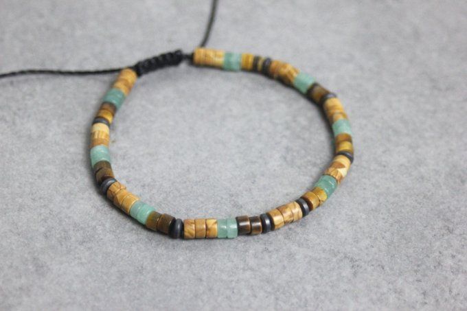 Bracelet perles heishi en wood stone, jade, oeil de tigre et hématite mat