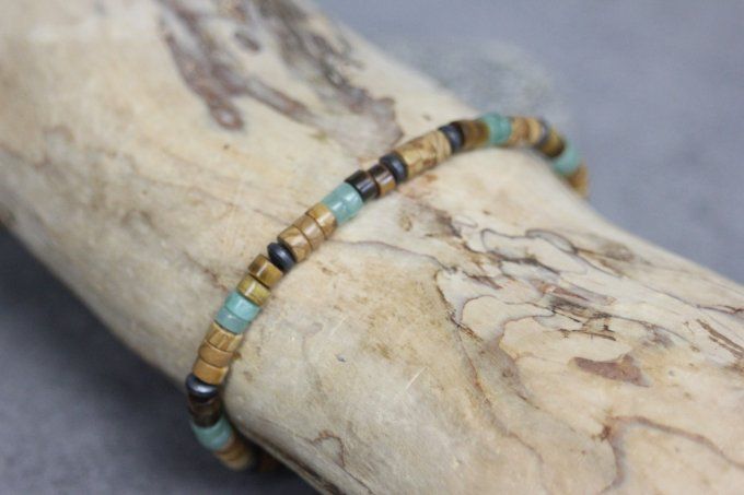 Bracelet perles heishi en wood stone, jade, oeil de tigre et hématite mat