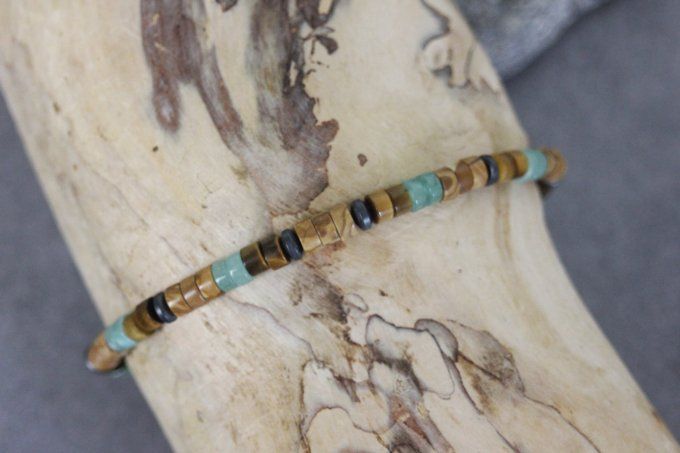 Bracelet perles heishi en wood stone, jade, oeil de tigre et hématite mat