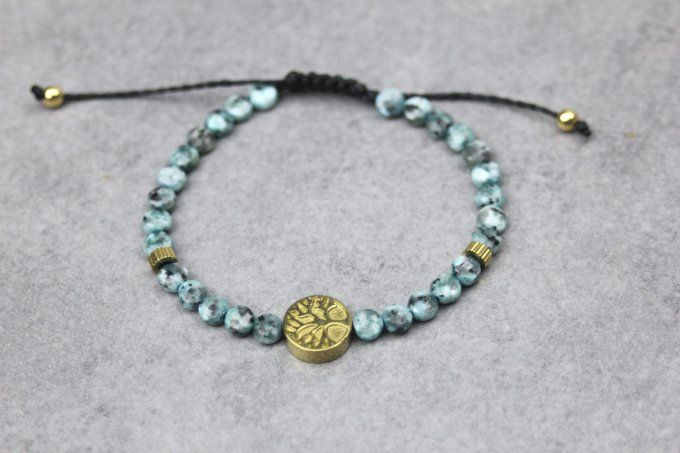 Bracelet jaspe dalmatien turquoise et arbre de vie hématite dorée