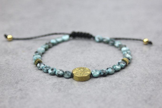 Bracelet jaspe dalmatien turquoise et arbre de vie hématite dorée