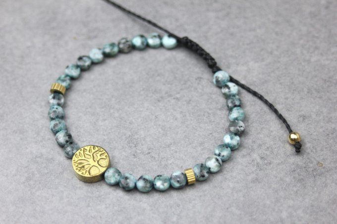 Bracelet jaspe dalmatien turquoise et arbre de vie hématite dorée