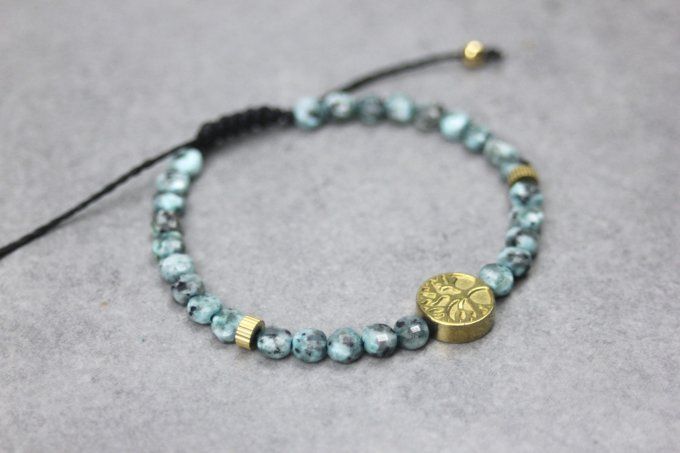 Bracelet jaspe dalmatien turquoise et arbre de vie hématite dorée