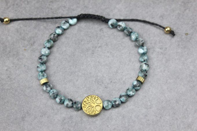 Bracelet jaspe dalmatien turquoise et arbre de vie hématite dorée